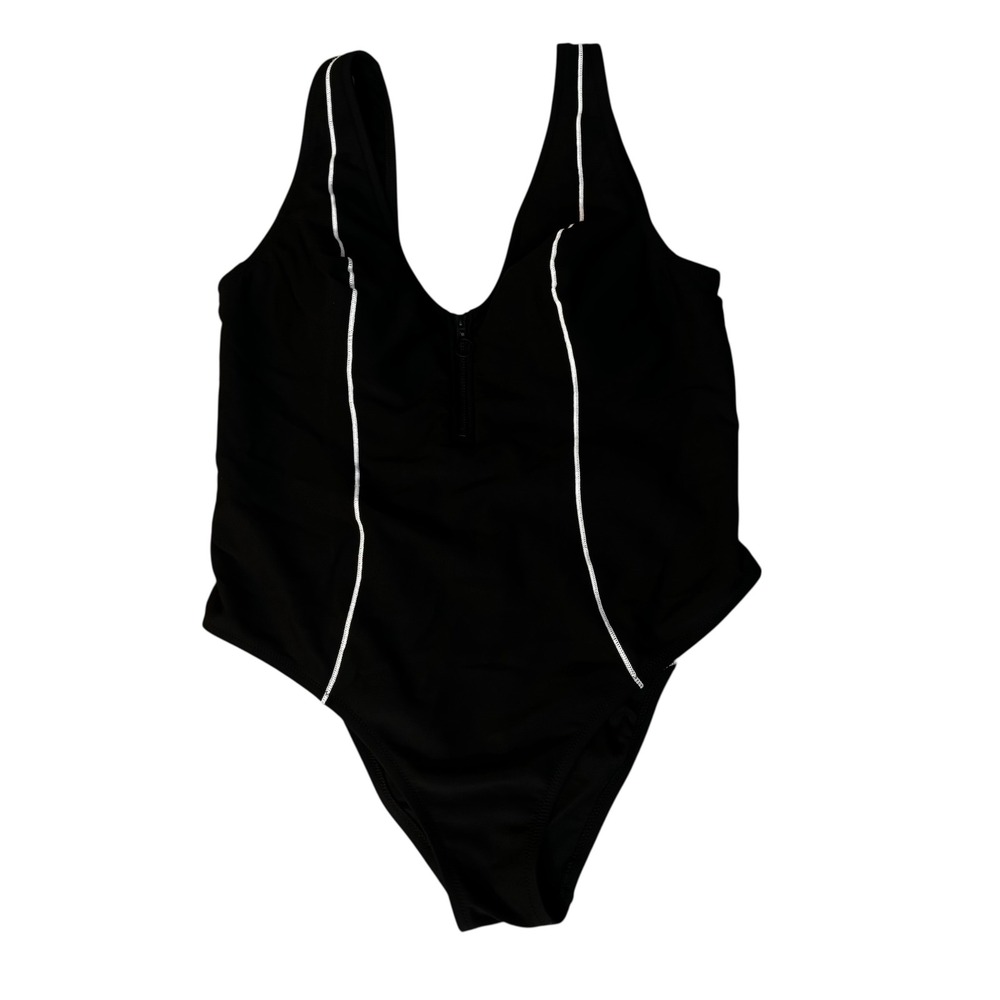 Victoria's Secret Swimsuit XL One Piece Black Zip Front White Stripe‎ V Back